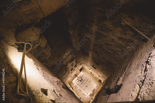 Inside View of the Brick Walls and Stone Columns of the Ancient Step Pyramid of Djoser in the Saqqara necropolis, Egypt