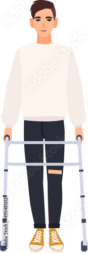 Disabled Young Man with Walking Frame Front View Cartoon Illustration