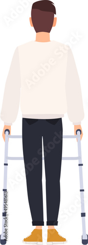 Disabled Young Man with Walking Frame Back View Cartoon Illustration