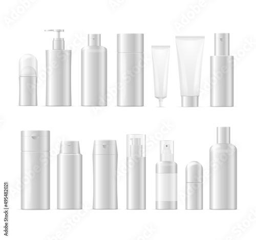 Realistic Detailed 3d White Cosmetic Bottle Set. Vector