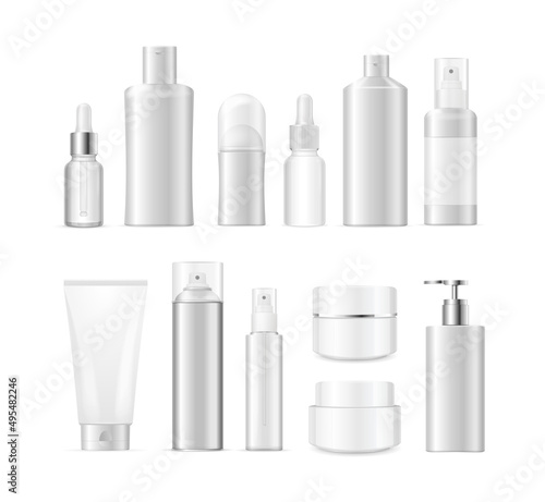 Realistic Detailed 3d White Blank Cosmetic Bottle Set. Vector