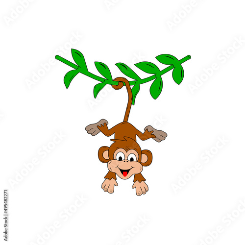 Vector image of an funny monkey on a branch in cartoon style