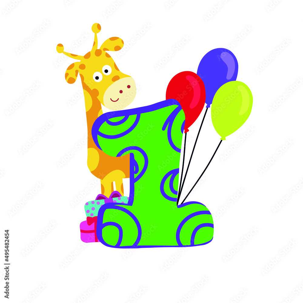 Naklejka premium Children's Birthday greeting card. Children style font cartoon logo giraffe, gifts, balls, number 1. Colored sticker, for children's clothes, t-shirt, backpack, cap. Children's clothing store, toys 