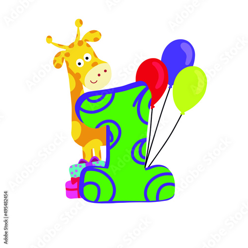 Children s Birthday greeting card. Children style font cartoon logo giraffe  gifts  balls  number 1. Colored sticker  for children s clothes  t-shirt  backpack  cap. Children s clothing store  toys 