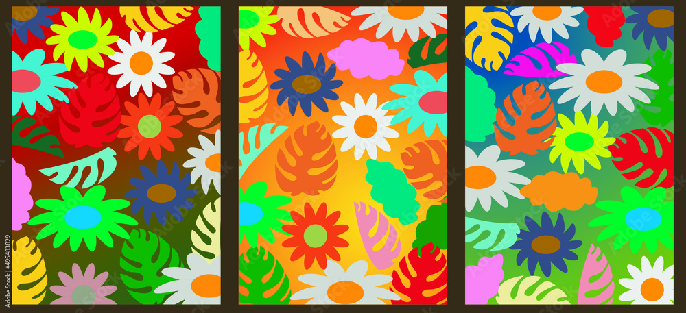 set of flowers abstract backgrounds and bright banners, posters, cover design templates, wallpapers for social networks with spring and summer leaves and flowers