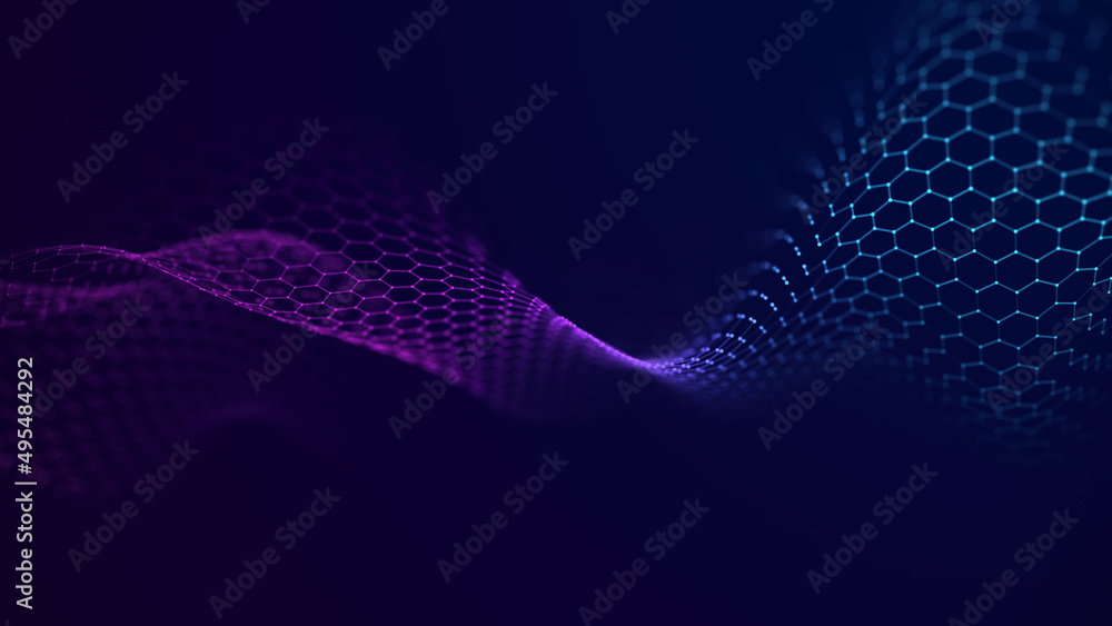 Abstract hexagon wave. Big data visualization. Futuristic background of points with a dynamic wave. Wave with moving dots and lines. Hexagon perspective background. Abstract hexagon wave. Big data visualization. Futuristic background of points with a dynamic wave. Wave with moving dots and lines. Hexagon perspective background.