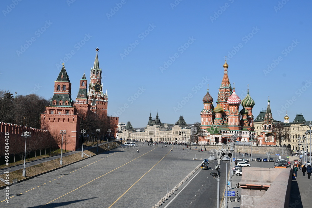 Panoramic view of the Moscow Kremlin. Spasskaya Tower and St. Basil's Cathedral. March 24, 2022, Moscow, Russia.