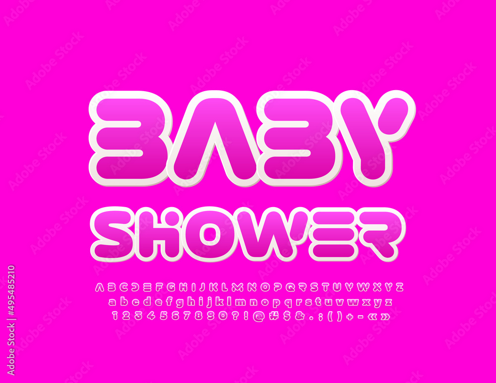 Vector bright card Baby Shower with pink Unique Font. Creative set of Alphabet Letters and Numbers Vector bright card Baby Shower with pink Unique Font. Creative set of Alphabet Letters and Numbers