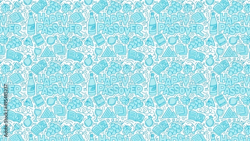 Passover blue background. Jewish holiday Pesach. Hebrew text: happy Passover. Linear vector illustration doodle style. Isolated on white background.