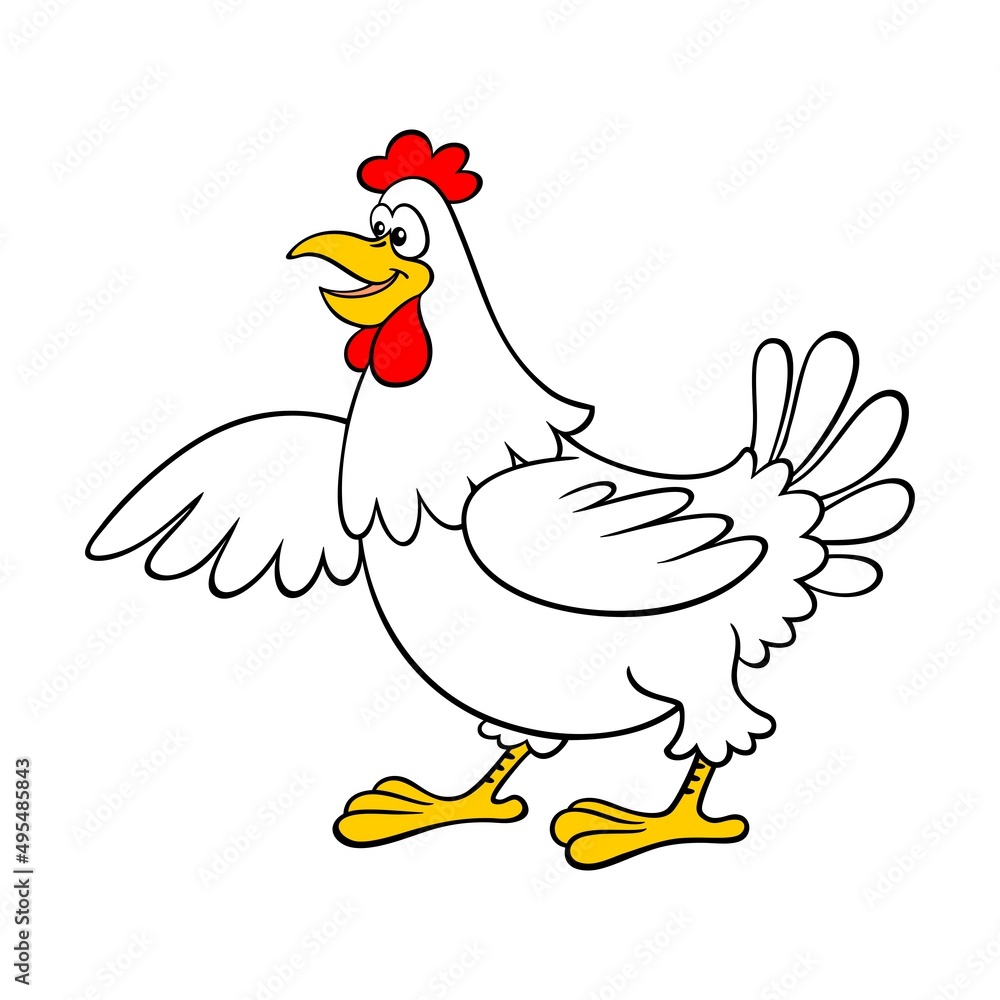 Vector image of a funny chicken in cartoon style. Cartoon white hen.