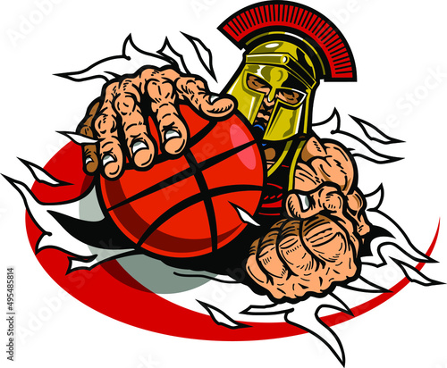 greek spartan mascot holding basketball ripping through the background for school, college or league