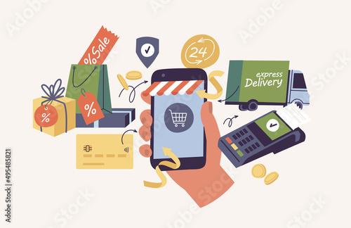 Vector illustration concept of online shopping. Hand holding a mobile phone with online store. Concept of benefits of online shopping.