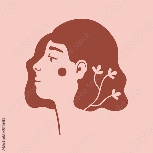 Vector illustration with beautiful young woman head with floral twig in hair. Trendy fashion print design with girl