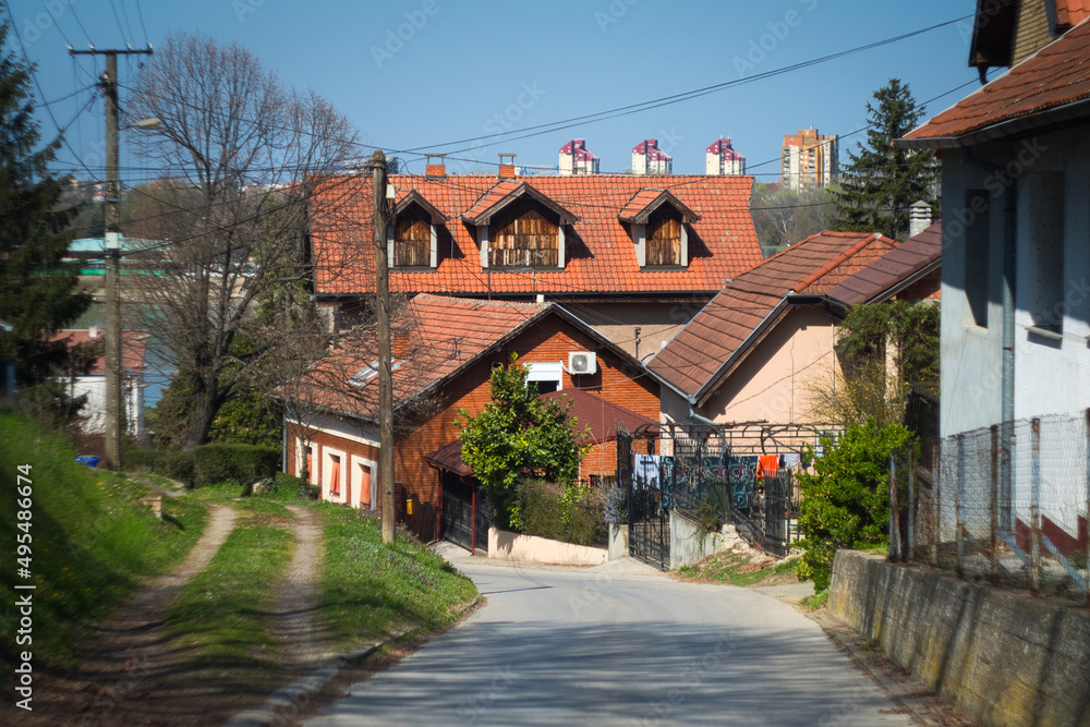 Traditional old Serbian village on Fruška Gora mountain, Vojvodina, on a sunny day