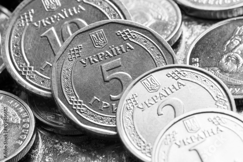 One, two, five and ten coins of Ukrainian hryvnias. Money and finances