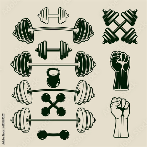 set of icon gym or fitness equipment vector vintage illustration template graphic design. bundle collection of various bodybuilding tool with retro style concept