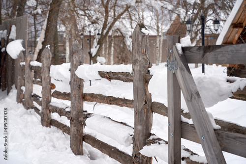 rustic winter landscapes, wooden houses and fences