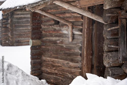 rustic winter landscapes, wooden houses and fences