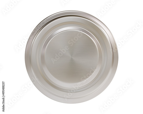 Realistic silver jar lid mockup top view isolated on white background. 3d render metal bottle cap. Aluminum or tin round container cover. Coin or medal mock up.