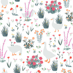Fototapete Muster im skandinavischen Stil Nettes nahtloses Muster mit Gänse- und Gekritzelblumen. Gänse im Frühlingsgarten. Vektor-Illustration  © Toltemara