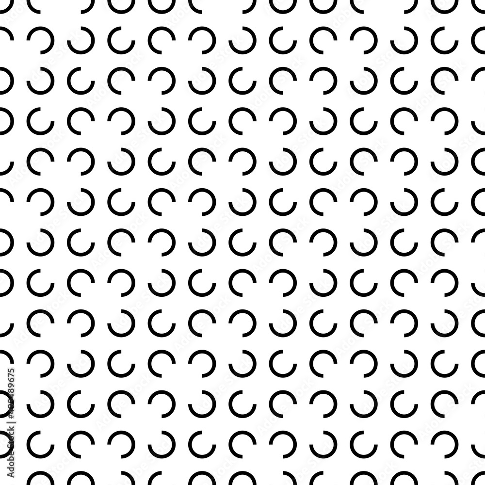 Vector illustration. Geometric seamless pattern. Contour circle and semicircle in the form of a rhombus. Spotted black - white background. Simple abstract background with polka dots.