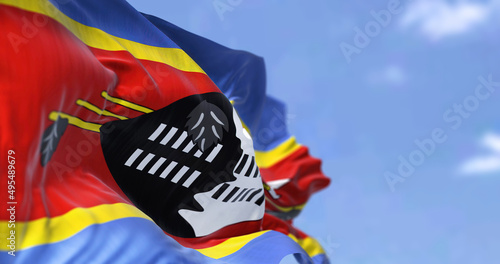 Detail of the national flag of Eswatini waving in the wind on a clear day. photo