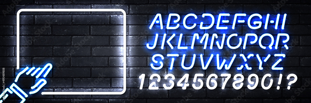 Vector realistic isolated neon sign of frame with pointing hand logo with easy to change color alphabet font on the wall background. Vector realistic isolated neon sign of frame with pointing hand logo with easy to change color alphabet font on the wall background.