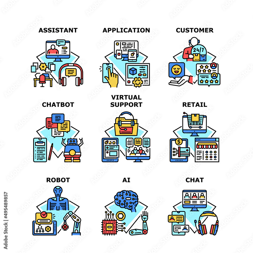 Virtual Support Set Icons Vector Illustrations. Customer Virtual Support And Assistant, Ai Artificial Intelligence Robot And Retail Application, Chatbot Chat Online Advise Color Illustrations
