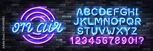 Vector realistic isolated neon sign of On Air logo with easy to change color alphabet font on the wall background.