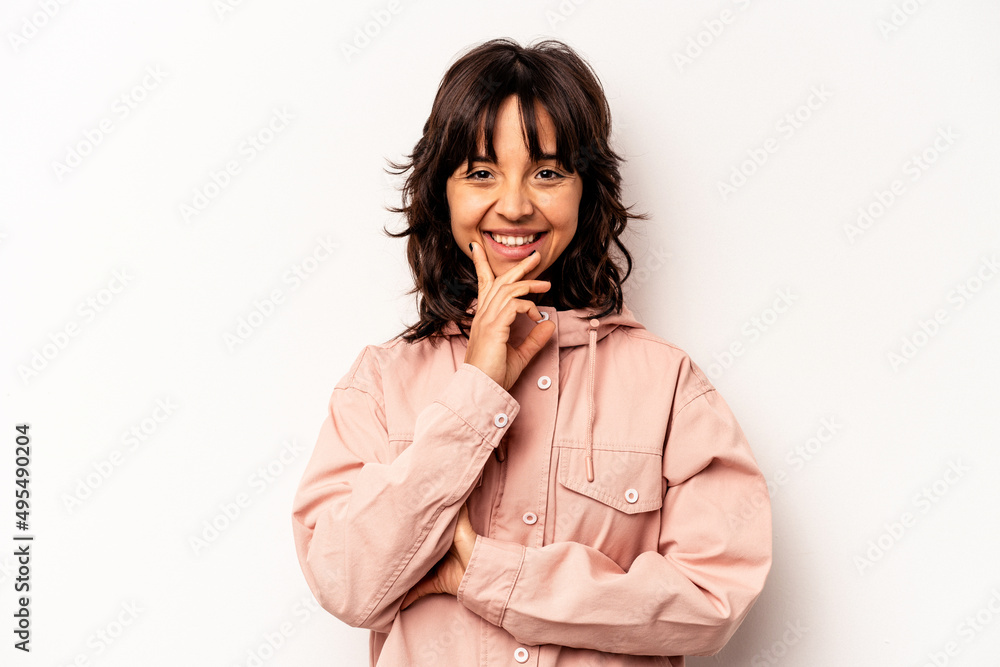Young hispanic woman isolated on white background smiling happy and confident, touching chin with hand. Young hispanic woman isolated on white background smiling happy and confident, touching chin with hand.
