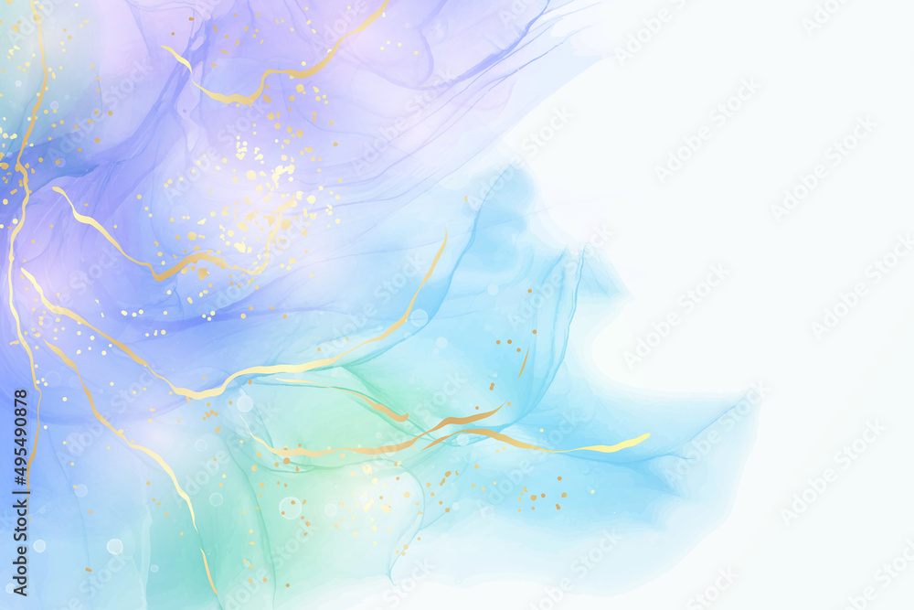 Violet cyan blue liquid watercolor background with golden stains. Teal mauve purple marble alcohol ink drawing effect. Vector illustration design template for wedding invitation, menu, rsvp