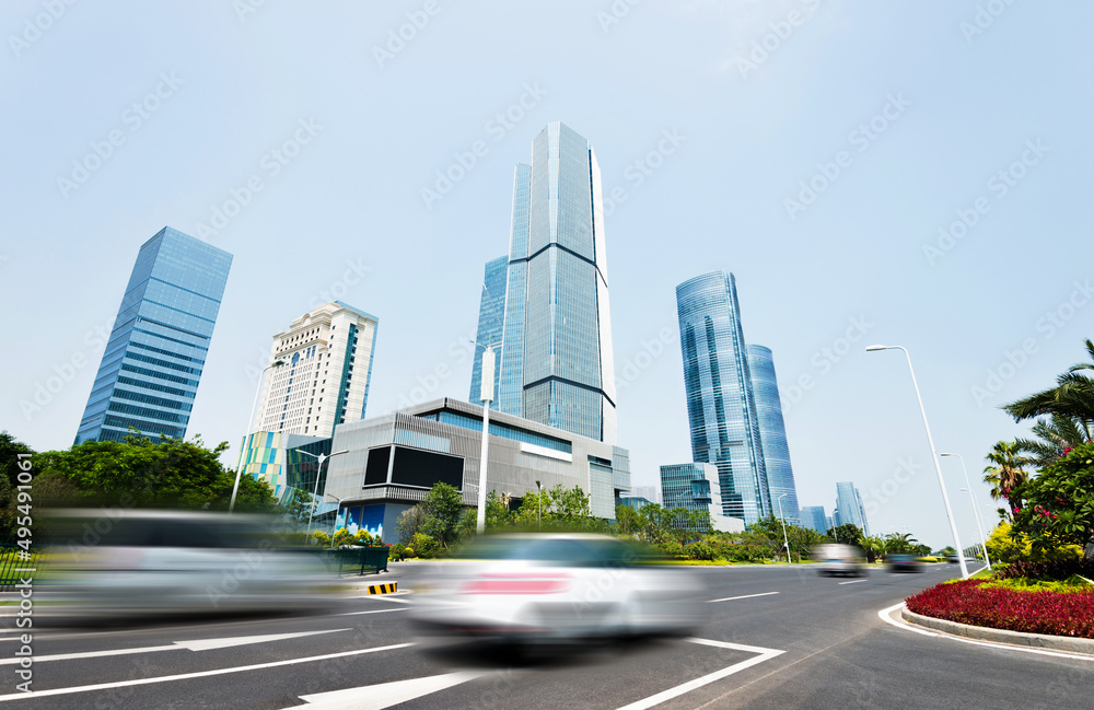 Road with cars and skyscrapers