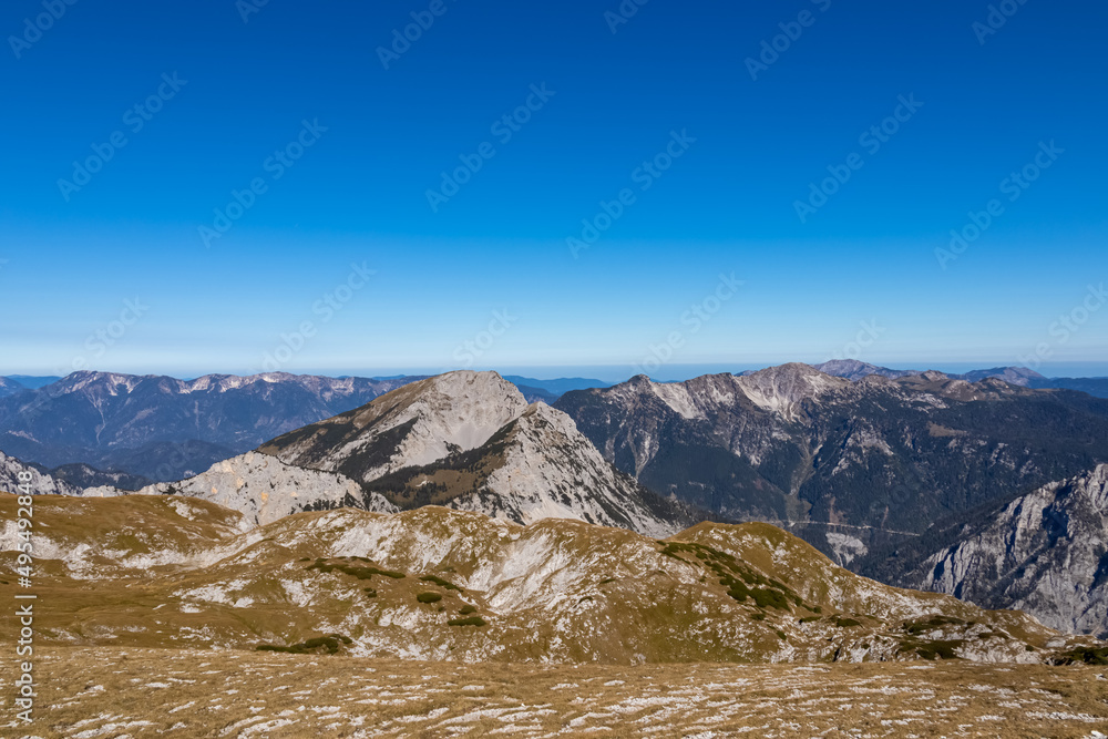 Panoramic view on the mountain peaks of the Hochschwab Region in Upper Styria, Austria. Sharp summits of Ebenstein and Hinterer Polster, Alps in Europe. Climbing, wilderness. Concept freedom