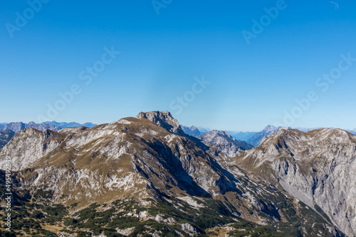 Panoramic view on the mountain peaks of the Hochschwab Region in Upper Styria  Austria. Sharp summits of Ebenstein and Hinterer Polster  Alps in Europe. Climbing  wilderness. Concept freedom