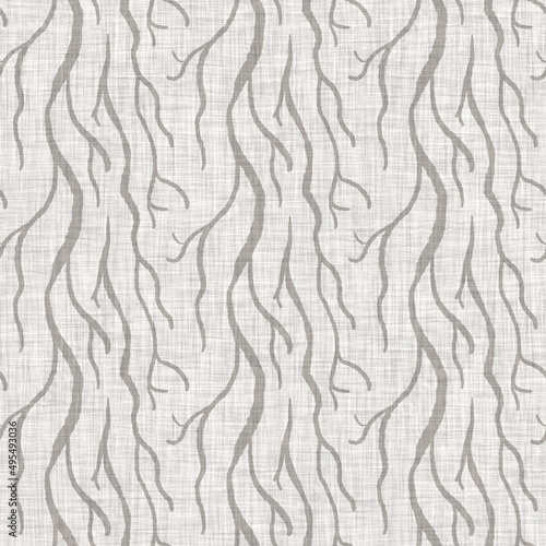 French grey botanical leaf linen seamless pattern with 2 tone country cottage style motif. Simple vintage rustic fabric textile effect. Primitive modern shabby chic kitchen cloth design.