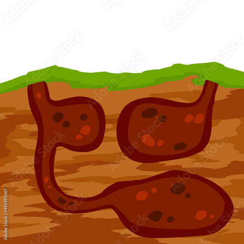 Animal hole and burrow. Scheme of hiding insects and rodents, mice in ground. Tunnels in ground. Underground background. Flat design