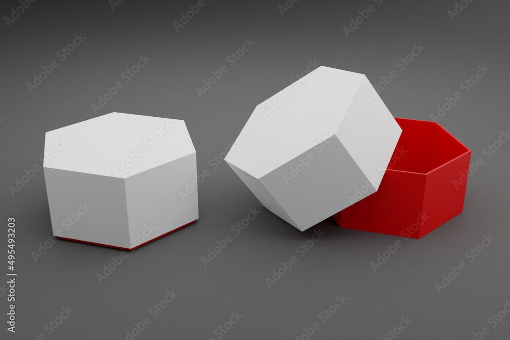 Blank Empty White Hexagon Red Jewelry or Watch Box For Mockup - 3D Illustration Blank Empty White Hexagon Red Jewelry or Watch Box For Mockup - 3D Illustration