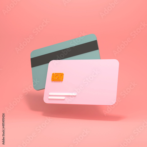 Simple bank cards in 3d rendering on a pinc background. 3d render illustration.