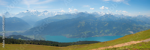Fototapeta Naklejka Na Ścianę i Meble -  lookout from mountain ridge trail Niederhorn to lake Thunersee and Bernese Alps, switzerland