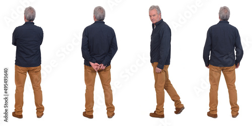 Fototapeta line of a group of same men turning around on white background