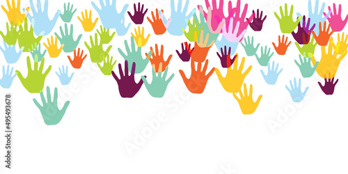 Colorful kids handprints art therapy concept background design. Baby