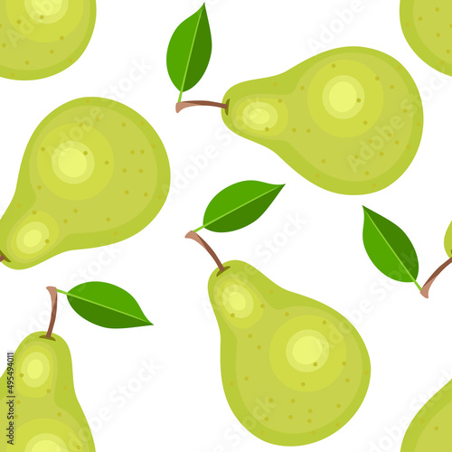 Pear fruit background. Vector seamless pattern with green pears on white. Flat simple illustration.