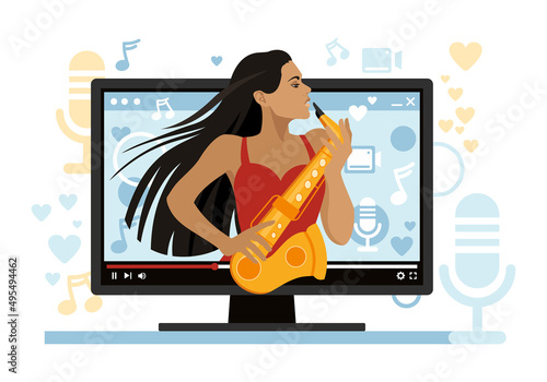 Girl saxophonist performs online. The concept of transferring music and video clips. A musician or artist makes an online show in an application on a laptop. Flat vector illustration.