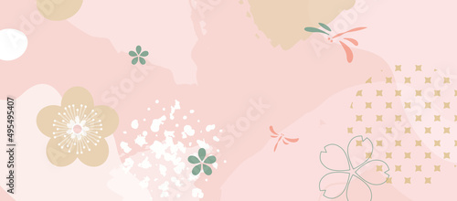 Japanese aesthetic background pattern. Tradition oriental design style banner card with geometric elements and abstract shapes. Colorful dragonflies and sakura flowers.
