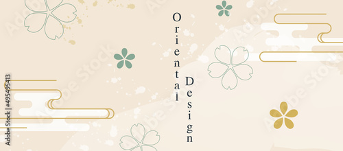 Japanese aesthetic background pattern. Tradition oriental design style banner card with geometric elements and abstract shapes. Sakura cherry blossom petals and golden line art.
