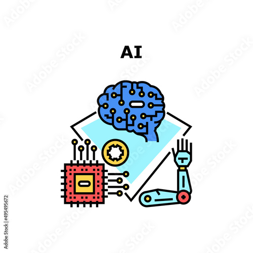 Ai Technology Vector Icon Concept. Ai Technology Microprocessor Of Robotic Arm And Digital Brain, Artificial Intelligent Innovative Tech Of Future. Cyborg Machine Color Illustration