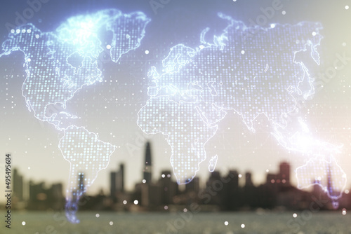 Multi exposure of abstract graphic world map on blurry skyscrapers background, big data and networking concept