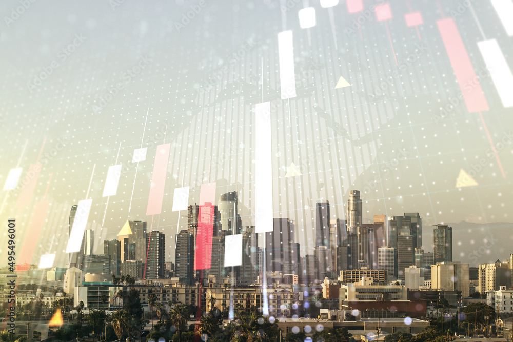 Fototapeta premium Abstract creative financial graph interface and world map on Los Angeles skyline background, forex and investment concept. Multiexposure