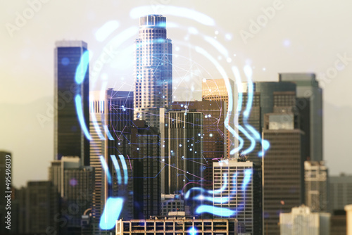 Abstract virtual artificial Intelligence concept with human head sketch on Los Angeles cityscape background. Double exposure