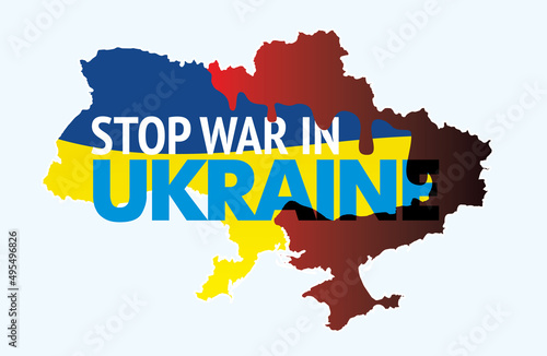 Map of Ukraine with bloody war zone and ukrainian national flag with Stop War in Ukraine slogan. International protest poster. Banner calling to stop the war of russia against Ukraine. Vector eps8.
